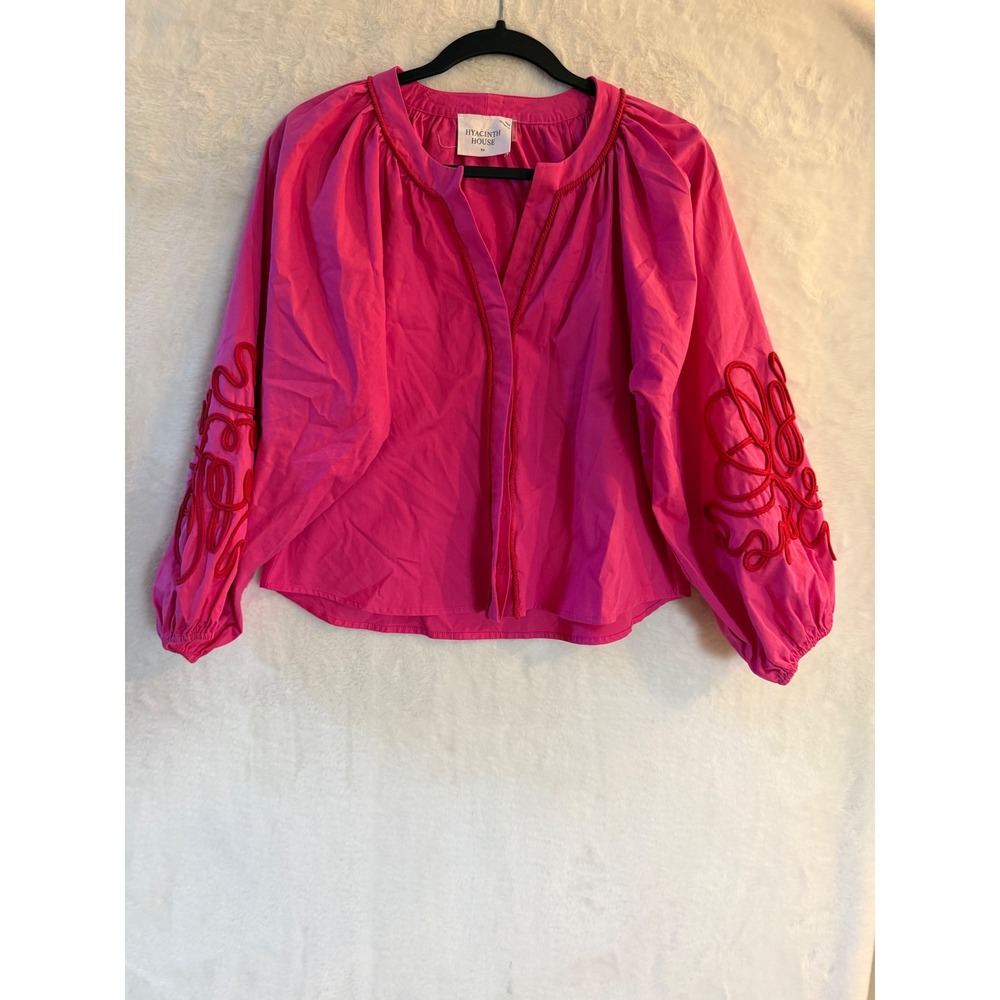 Hyacinth House Pink Cotton Soutache Embroidered Puff Sleeve Blouse Womens XS